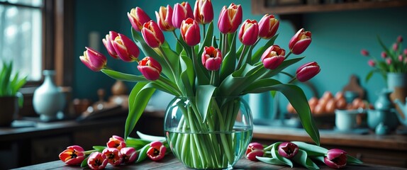 Sticker - A vibrant bouquet of fresh tulips in a glass vase placed on a rustic kitchen table with natural light illuminating the scene.