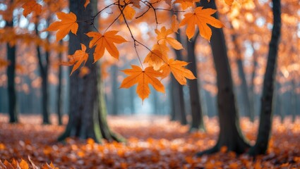 Poster - close-up of vibrant orange autumn leaves in a serene forest setting, showcasing seasonal beauty and 