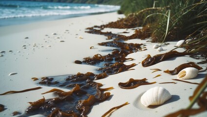Poster - serene beach scene with white sand, flowing stream, seaweed and seashells featuring abundant copy sp