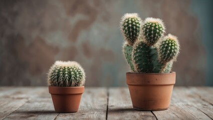 Poster - Potted cacti of varying sizes on a rustic wooden table with a textured backdrop in a studio setting.