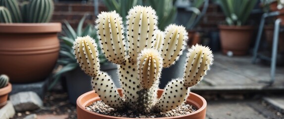 Poster - Cactus with unique cream and black coloration in a pot showcasing the beauty of botanical landscaping in an outdoor setting.