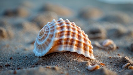 Poster - seashell on sandy beach capturing natural textures and details in low light for a serene coastal aes