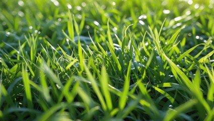 Wall Mural - closeup view of lush green grass illuminated by sunlight creating a vibrant and refreshing natural l