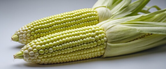 Wall Mural - Fresh green corn on the cob with husk, showcasing vibrant kernels, symbolizing the early stage of corn's growth and natural beauty.