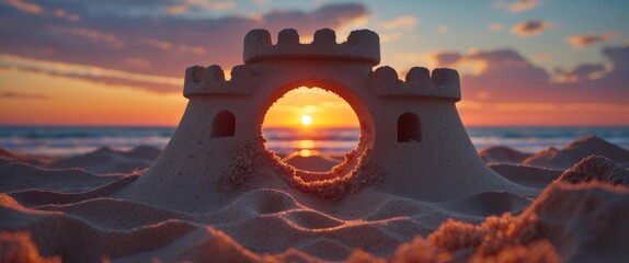 Wall Mural - Sunset Illumination Through Sandcastle Arch Creating Warm Ambiance on Beach at Dusk