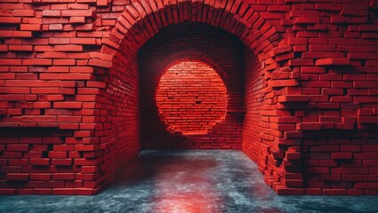 Poster - vibrant red brick wall interior with archway and circular light effect creating an artistic and mode