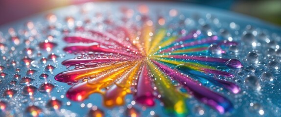 Canvas Print - Vibrant rainbow colors radiating through water droplets on glass creating a mesmerizing abstract background effect.