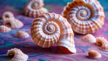 Poster - Luminous seashells showcasing intricate spiral forms and subtle color variations against a vibrant backdrop evoke tranquility and luxury.