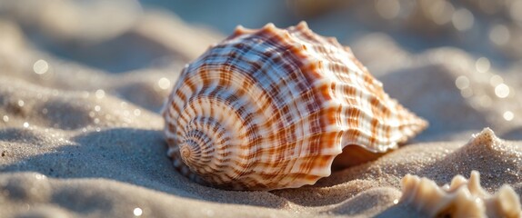 Poster - Detailed close-up of a beautiful sea shell revealing intricate textures on sandy beach background under soft sunlight.