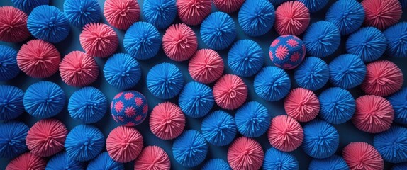 Poster - Colorful arrangement of blue and pink pom poms creating a vibrant abstract background suitable for festive themes and creative projects