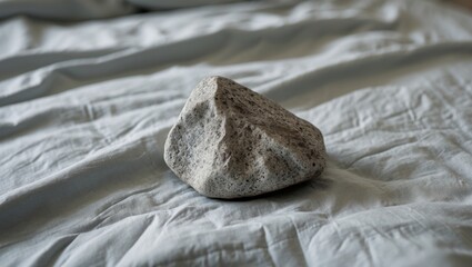 Canvas Print - A small stone resting on a soft bed sheet showcasing natural textures and calming colors for a minimalist aesthetic.