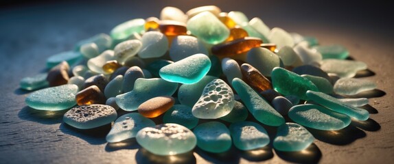 Poster - Natural beach glass collection showcasing various shapes and colors, backlit with a dark background to highlight their unique textures.