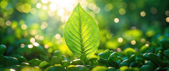 Poster - Fresh green leaf illuminated by sunlight against a vibrant bokeh background, showcasing nature's beauty and delicate textures.