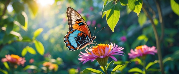 Canvas Print - Acraea terpsicore butterfly perched on vibrant flowers in a sunlit garden showcasing natural beauty and biodiversity.