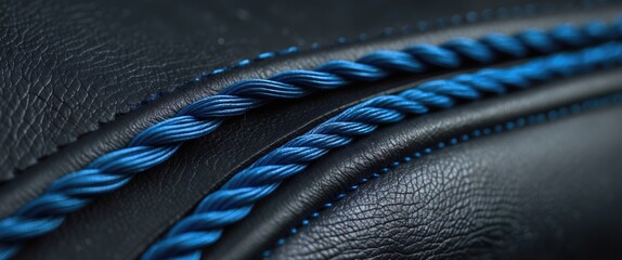Poster - Close-up macro shot of intertwined blue silk threads on textured black leather showcasing craftsmanship and detail.