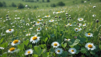 Wall Mural - vibrant summer meadow filled with daisies and clovers, showcasing the beauty of nature and the tranq