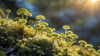 Poster - Closeup of lush green moss illuminated by sunlight showcasing delicate details and natural beauty in a tranquil outdoor setting