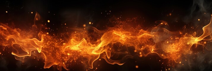 Poster - dynamic flames with bright embers and particles dancing in the air over a dark background for creati