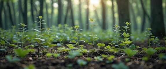 Canvas Print - Forest floor with young plants thriving in sunlight creating a serene natural atmosphere in the background of a lush green woodland.