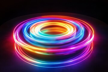 Poster - The vibrant neon rings emit a brilliant glow in the dark, creating a mesmerizing effect with shimmering surfaces and intricate patterns that blend colors and radiate captivating waves