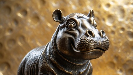 Wall Mural - Bronze sculpture of a cheerful hippo with textured details set against a shimmering gold background showcasing artistic craftsmanship.