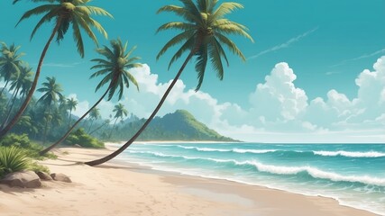 Wall Mural - beautiful tropical beach with palm trees and clear blue waters in a serene coastal setting