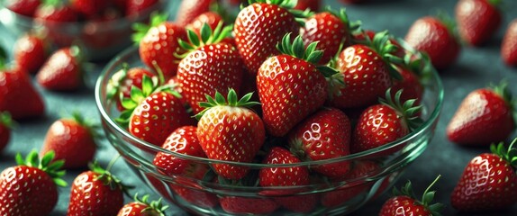 Wall Mural - Fresh and Vibrant Bowl of Juicy Strawberries Ready for Enjoyment or Culinary Use on a Dark Rustic Background