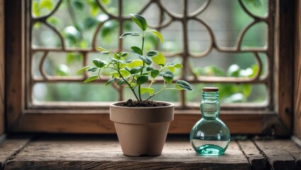 Canvas Print - Small flower pot with green leaves beside a round glass water bottle on a wooden windowsill featuring intricate lattice work.