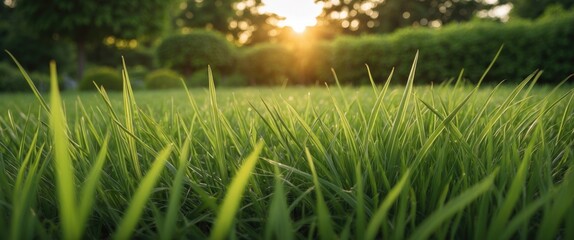 Poster - Lush green grass swaying gently in soft golden evening light with a serene garden backdrop creating a tranquil outdoor atmosphere.