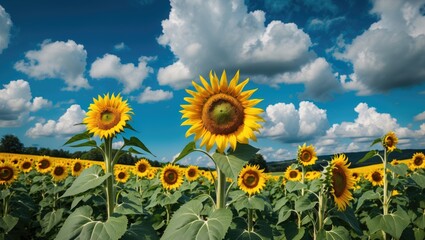 Poster - Vibrant sunflower field under a blue sky with fluffy clouds showcasing agricultural beauty and cultivation in rural landscapes.