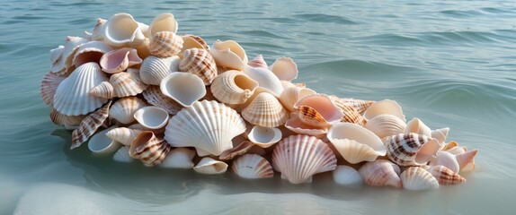 Poster - colorful seashells collected on a tranquil water surface reflecting natural beauty and coastal seren