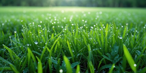 Poster - Vibrant Green Grass with Morning Dew Drops Illuminated by Soft Light and Ample Copy Space for Text and Design Elements.