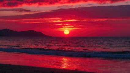 Poster - vibrant sunset over the ocean with red and orange hues reflecting on the water creating a serene and