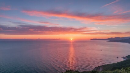 Wall Mural - Serene Coastal Sunset with Vibrant Sky Reflecting on Calm Waters and Distant Mountains in a Picturesque Natural Landscape