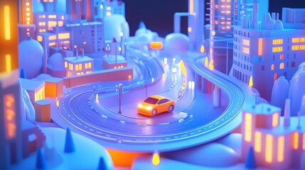 Poster - A digital representation of a smart car navigating through a virtual city, analyzing road conditions and traffic patterns.