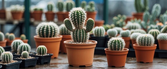 Poster - Cacti in various pots displayed at a plant nursery on a wooden table with green surroundings and ample copy space for text.