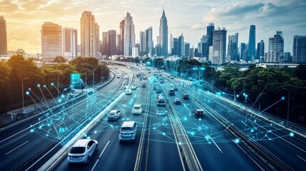 Poster - A digital representation of a smart car navigating through a virtual city, analyzing road conditions and traffic patterns.