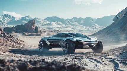 Poster - A futuristic car's digital twin undergoing virtual endurance testing in various simulated terrains.