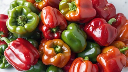 Wall Mural - Close-up of vibrant ripe bell peppers showcasing a mix of red and green hues on a pure white background emphasizing freshness and flavor.