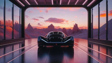 Poster - A futuristic car's digital twin undergoing virtual endurance testing in various simulated terrains.
