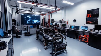 Poster - A high-tech automotive lab where AI algorithms optimize vehicle performance using digital twin simulations