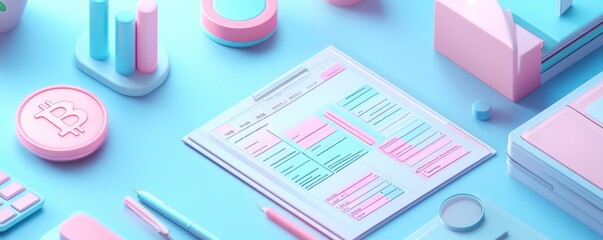 Poster - A colorful, minimalist workspace featuring pastel stationery, charts, and graphs, creating a modern aesthetic for productivity and organization.