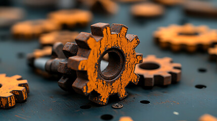 Poster - Industrial gear components on workshop table mechanical engineering focus close-up view manufacturing environment technical concept