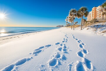 Canvas Print - Snowy beach footprints, sunrise, Florida coast, condo