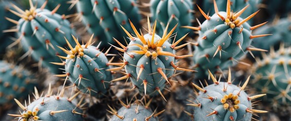 Poster - Close Up of Cactus Thorns with Blue Green Skin and Empty Space for Text Ideal for Nature and Botany Background Designs