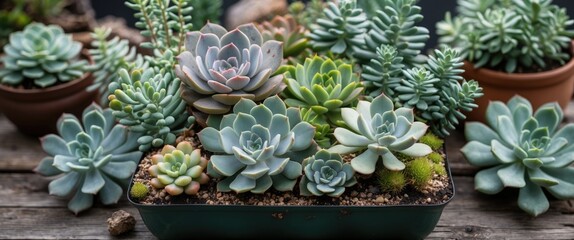 Poster - Vibrant Succulent Arrangement in Planters with Lush Greenery and Blank Space for Text or Design Enhancements