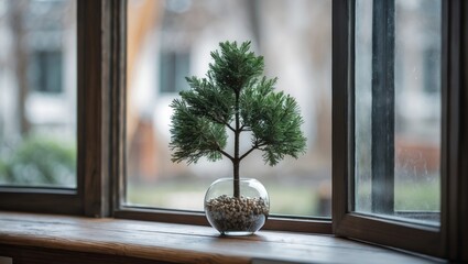 Poster - Minimalist interior decor featuring a small spherical tree in a glass vase positioned by a window with natural light streaming in.