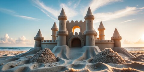 Poster - majestic sand castle on a serene beach at sunset with copy space for text