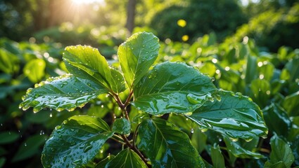 Poster - Closeup of dewy green leaves glistening in sunlight creating a serene garden atmosphere highlighting nature's beauty and freshness.