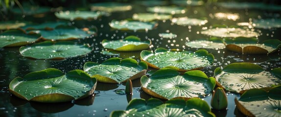 Poster - Serene pond scene with vibrant lily pads glistening in sunlight and water droplets creating a tranquil natural pattern.